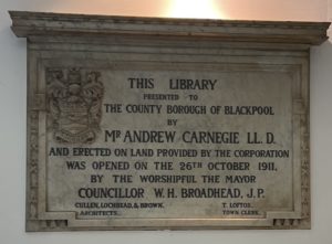 Carnegie donor's plaque in the Blackpool Central Library entrance.