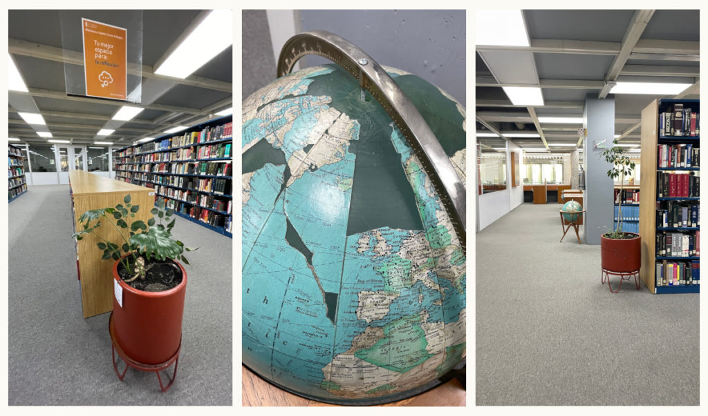 Library interior and globe closeup