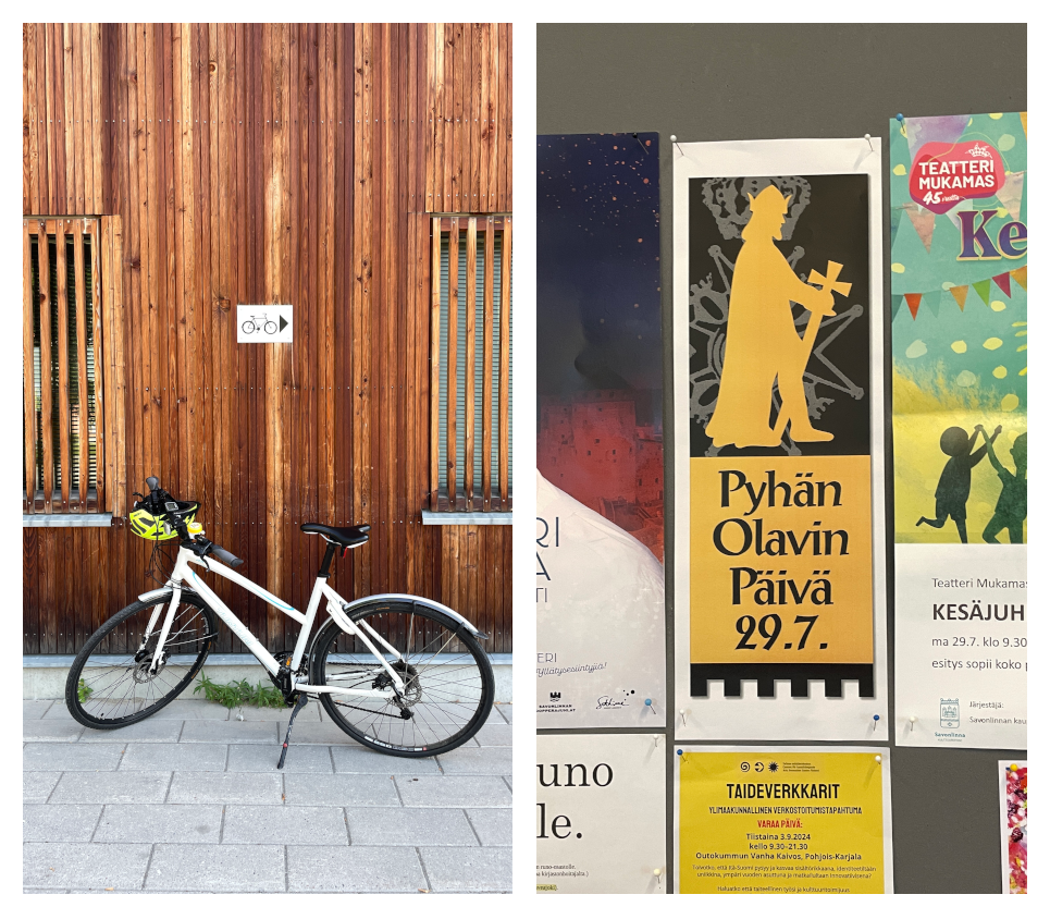 Bike anarchy outside the library and a poster for St Olaf celebrations