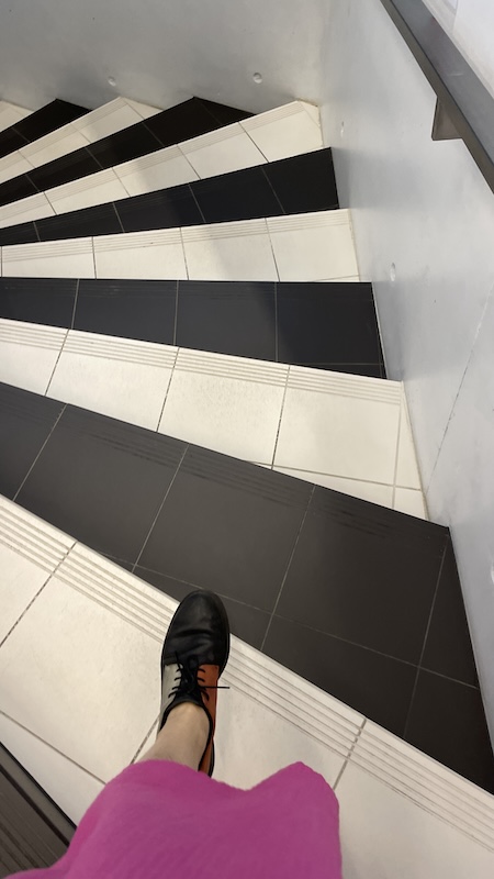 The main library staircase in black and white, featuring my hem and shoe.